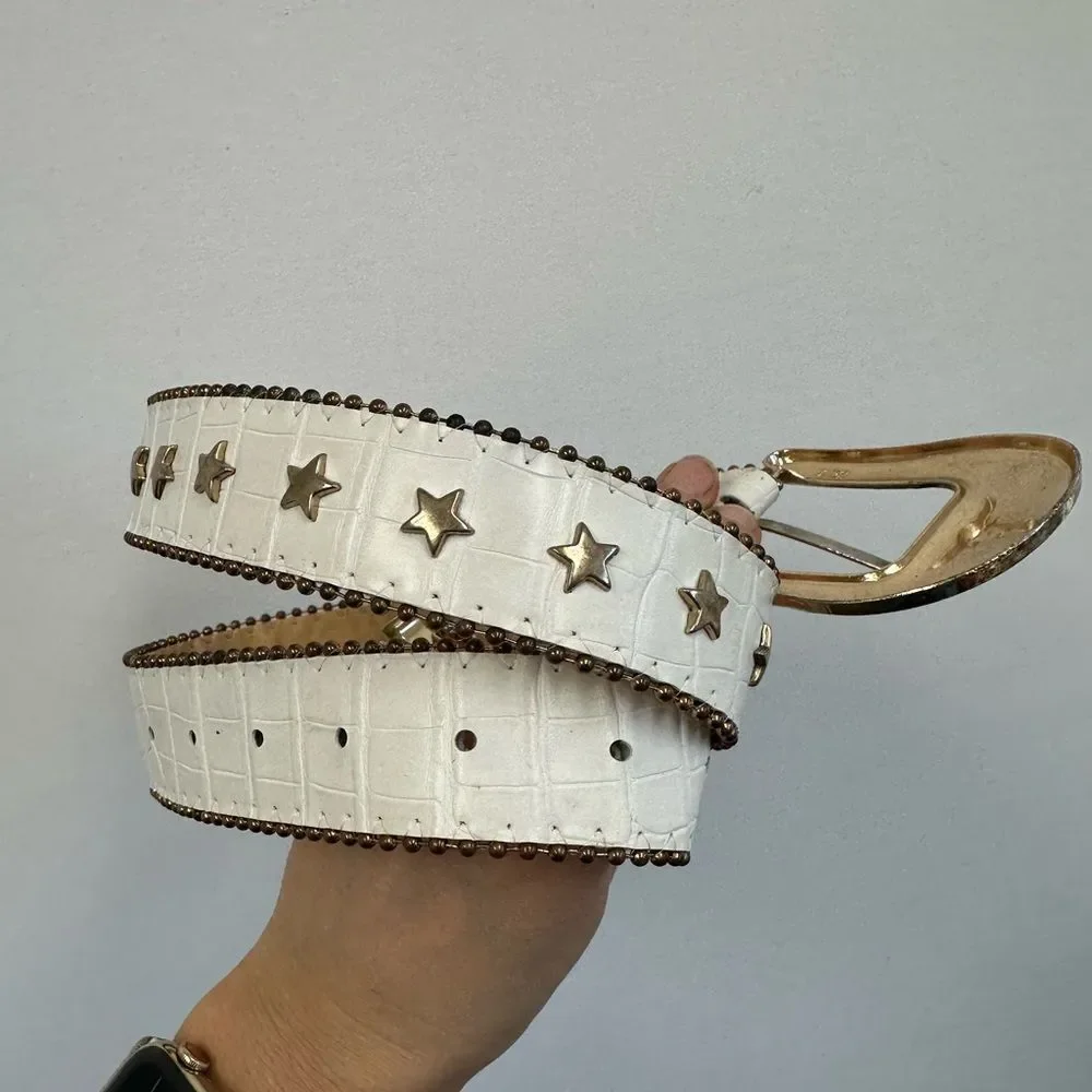 Vintage White Leather Croc Embossed Star Studded Western Belt Size M